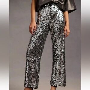 Maeve Anthropologie Colette Cropped Wide-Leg Sequin Pants Silver Cocktail 31